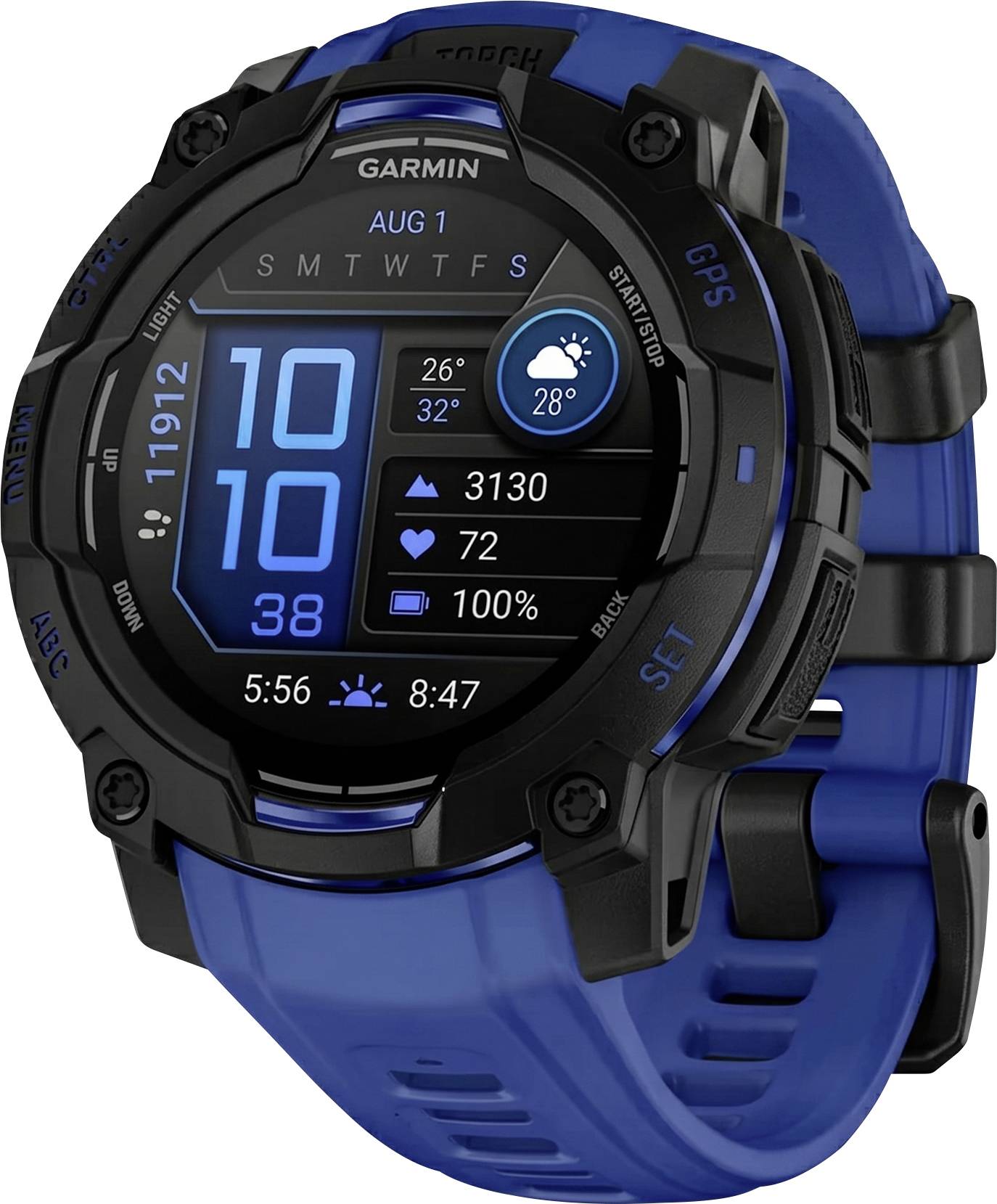 Garmin GPS-Smartwatch mit blauem Armband, zeigt digitales Zifferblatt mit Uhrzeit 10:38, Wetter 28°, Schritte 3130, Herzfrequenz 72 und Akku 100%.