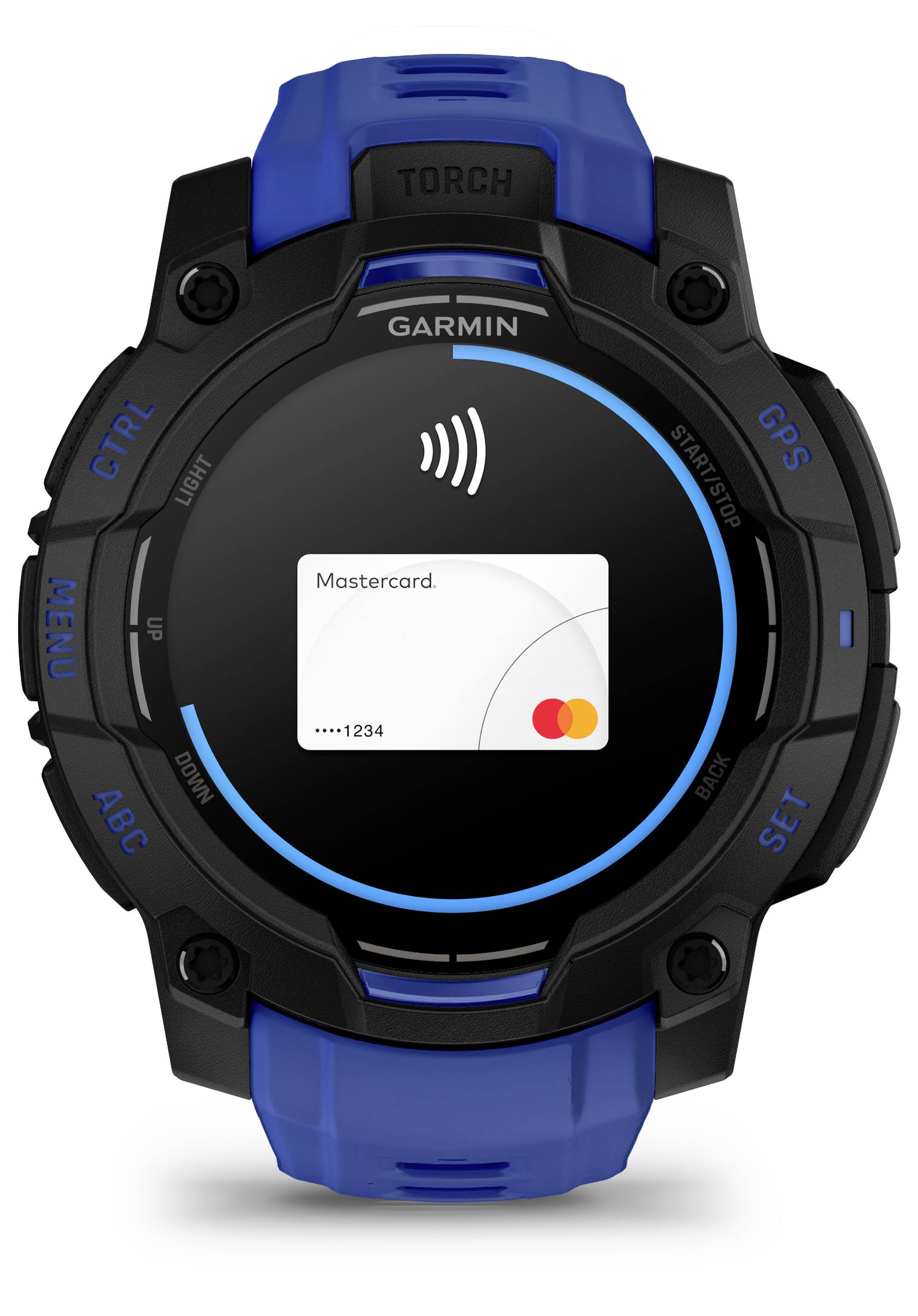 Garmin-Smartwatch mit kontaktlosem Zahlungssymbol und einer Mastercard-Kartengrafik auf dem Bildschirm, die NFC-Pay-Unterstützung anzeigt.