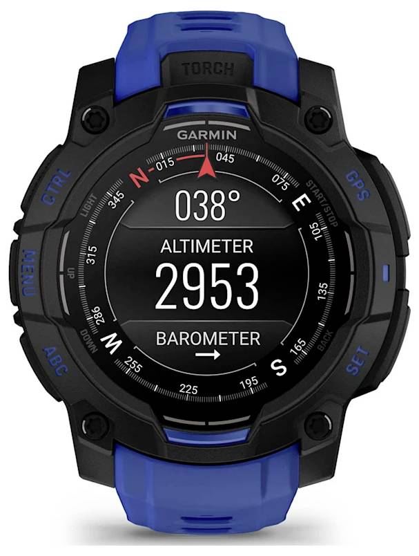 Robuste blau-schwarze digitale Armbanduhr von hinten gezeigt, mit großem Sensormodul und verstellbarer Riemenschnalle.