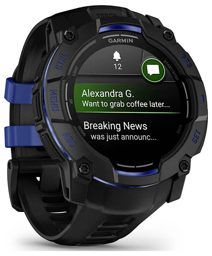Garmin-Smartwatch zeigt Benachrichtigungen an, einschließlich „Alexandra G. Wollen wir später einen Kaffee trinken..." und „Breaking News wurde gerade angekündigt...".