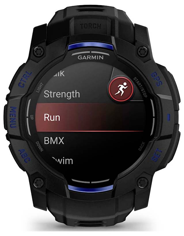 Garmin-Smartwatch mit dem Aktivitätsmenü, wobei „Laufen" unter Optionen wie Kraft, BMX und Schwimmen hervorgehoben ist.