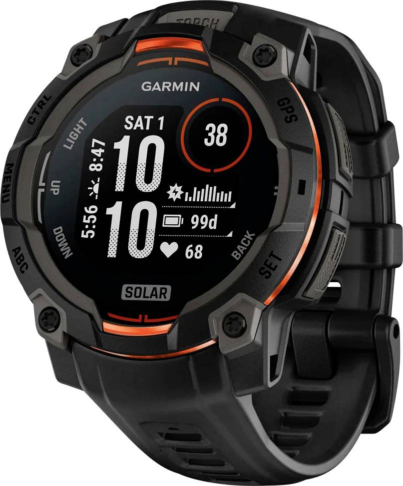 Schwarze Garmin Solar-GPS-Uhr mit robustem rundem Gehäuse und digitalem Display, das Zeit, Schritte, Akkuladung und Herzfrequenz anzeigt.