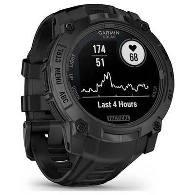 Schwarze Garmin Solar taktische Smartwatch mit einem Herzsymbol, das die Werte 68, 174 und 51 anzeigt, und einem 4-Stunden-Liniengraphen auf dem Display.