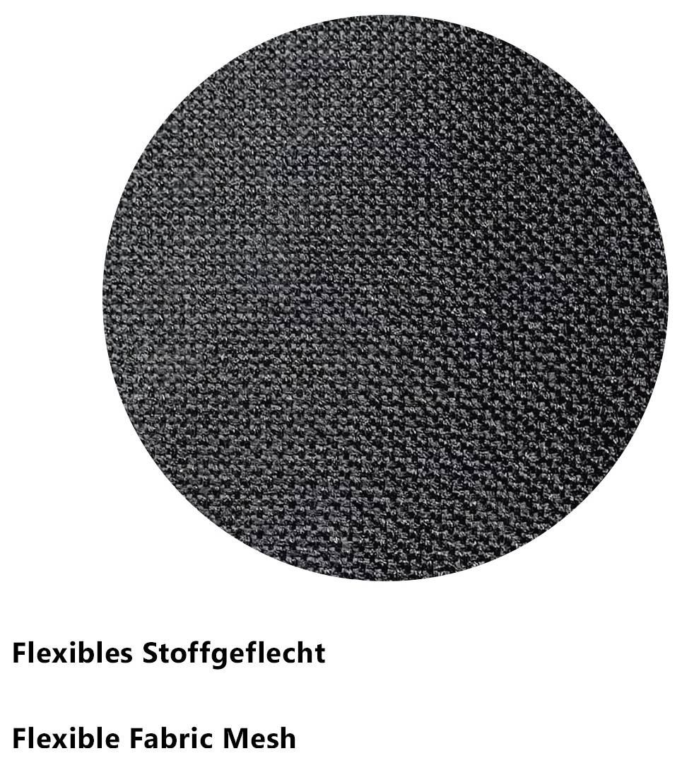 Rundes schwarzes Stoffgeflecht mit feiner Struktur; darunter die Bezeichnungen 'Flexibles Stoffgeflecht' und 'Flexible Fabric Mesh'.