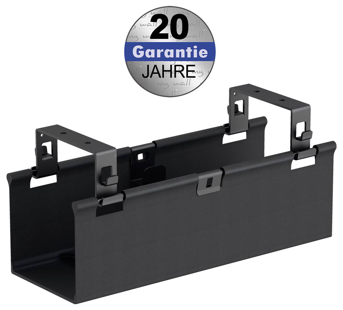 Schwarze Metall-Hängeorganizer-Box mit Wandmontage-Halterungen, mit einem Etikett „20 Jahre Garantie" oben.