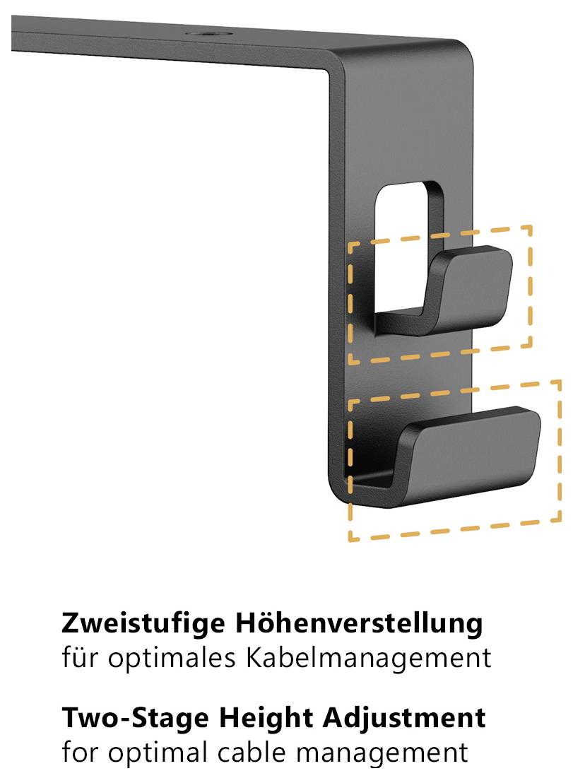 Schwarzer Monitorarm mit zweistufiger Höhenverstellung; markiert sind zwei Haken für optimales Kabelmanagement.