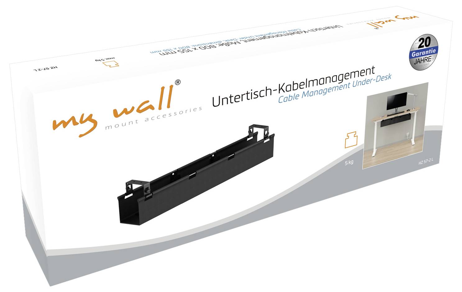 Produktverpackung für 'mywall' Untertisch-Kabelmanagement: schwarze Kabelwanne zur Montage unter dem Schreibtisch, mit Anwendungsfoto und 20 Jahre Garantie.