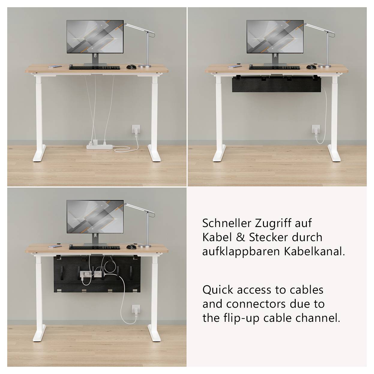 Vier Ansichten eines Schreibtischs mit aufklappbarem Kabelkanal unter der Tischplatte; zeigt schnellen Zugriff auf Kabel und Stecker.