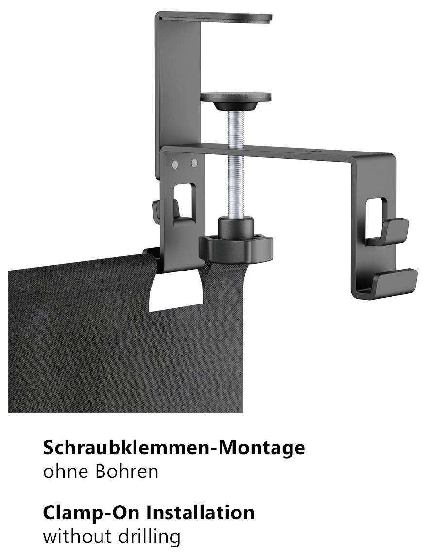 Schraubklemmen-Montage ohne Bohren: Eine Klemme befestigt einen Halter an einer Kante; darunter steht 'Clamp-On Installation without drilling'.<br>