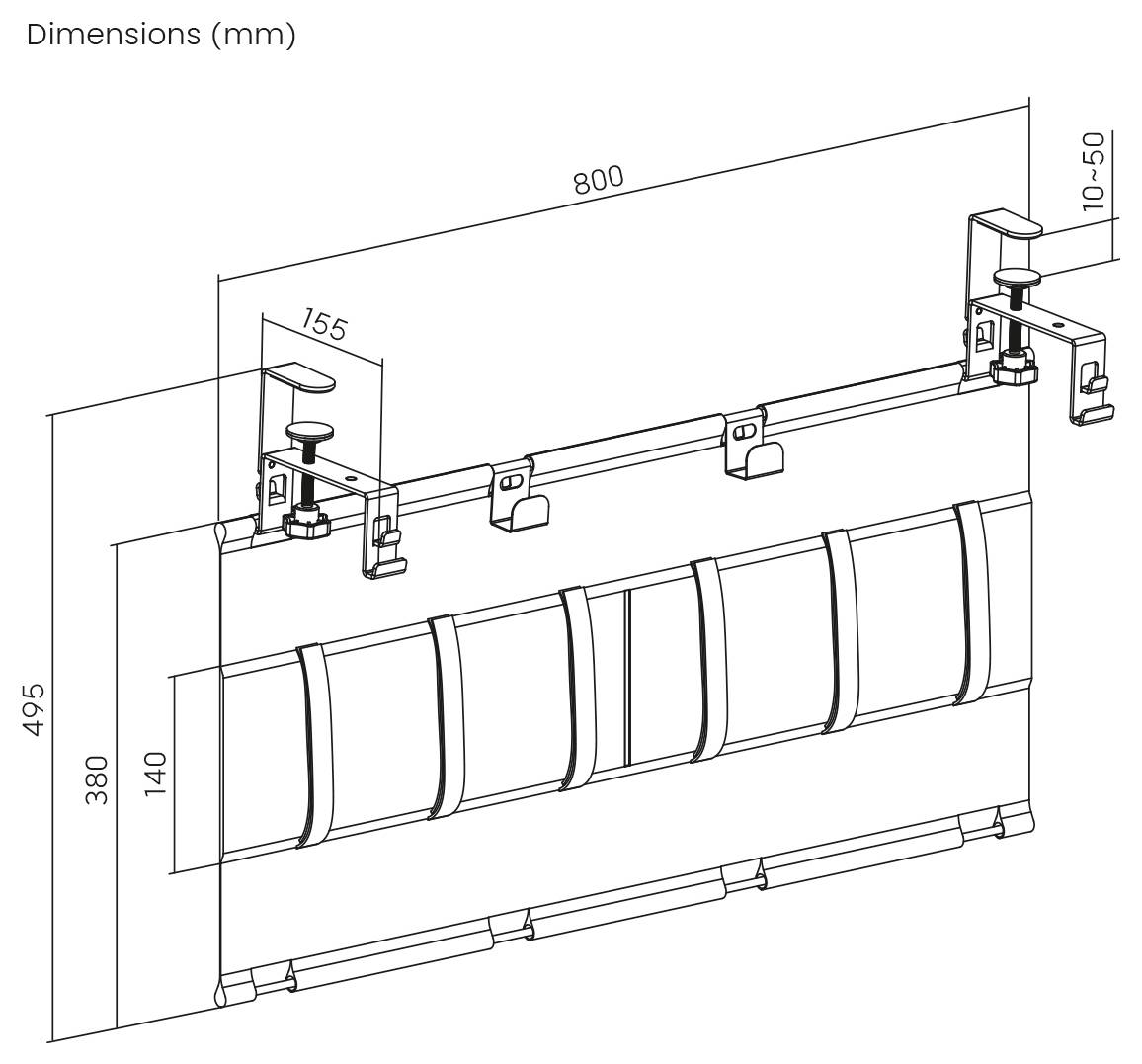 Technische Maßzeichnung einer zylindrischen Rollomontagebaugruppe mit Montageklammern, Rohr und Stoff. Gekennzeichnete Maße umfassen 800 mm Breite, 495 mm Höhe, 155 mm Montagentiefe und 10-50 mm Verstellung.