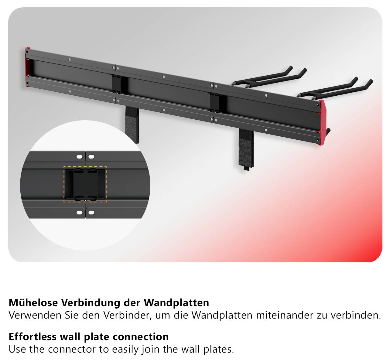 Verbinder für Wandplatten: zwei schwarze Platten werden nahtlos miteinander verbunden; kleines Detailbild zeigt die Steckverbindung in der Mitte.<br>