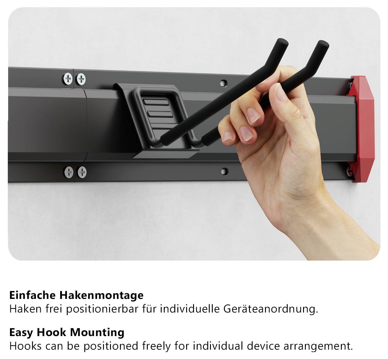 Hand befestigt zwei verstellbare Haken an einer Wandhalterung; darunter steht 'Einfache Hakenmontage' und 'Easy Hook Mounting'.