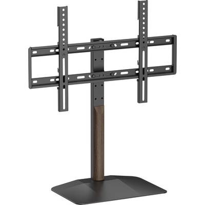 Verstellbarer Fernseherständer mit schwarzer Metallbasis, holzoptischer Säule und zwei vertikalen Montageklammern zur Befestigung von Flachbildschirmen.