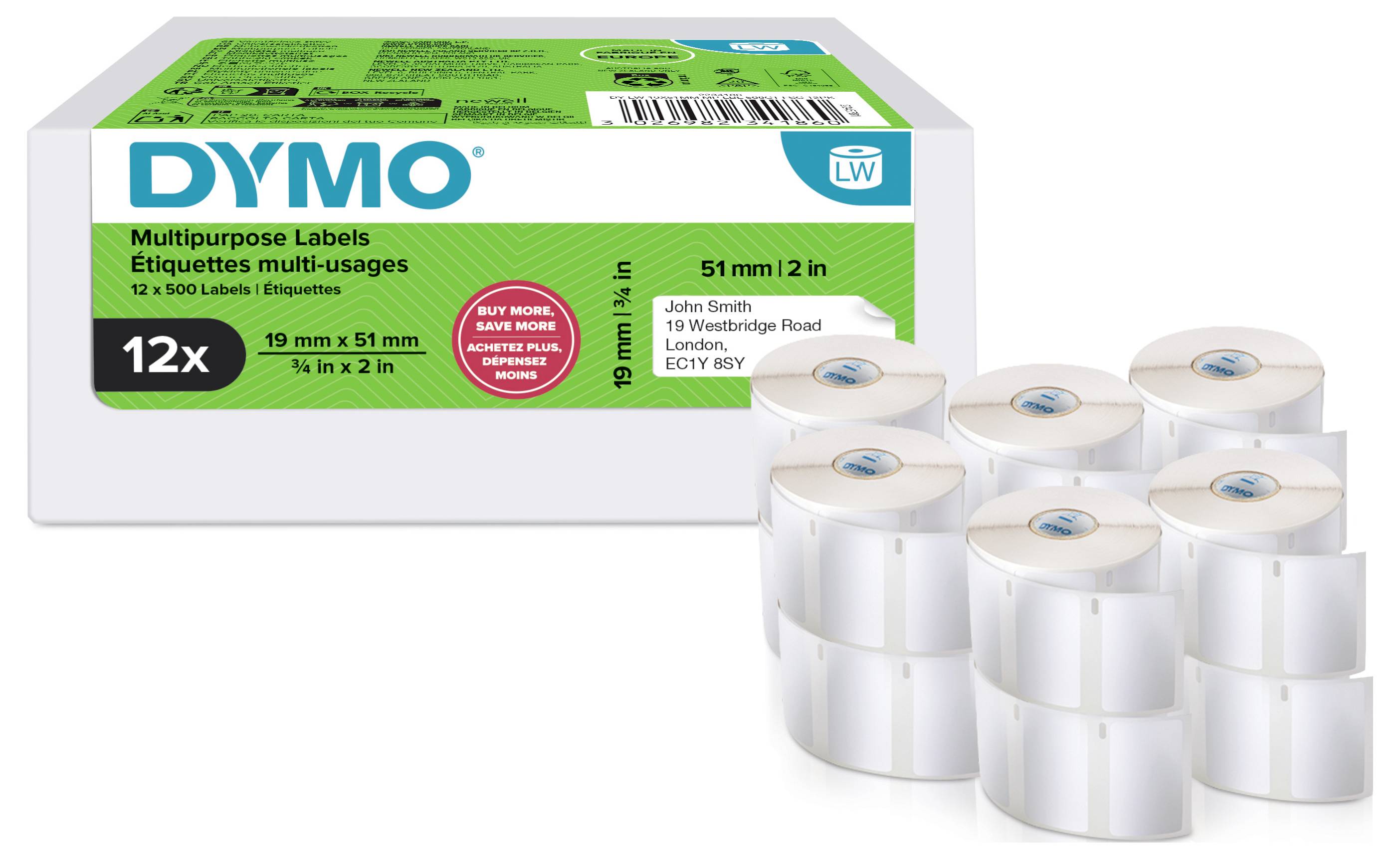 Dymo Mehrzweck-Etikettenbox mit 12 Rollen weißer Etiketten, 19 mm x 51 mm, zum Beschriften von Post oder Versand.