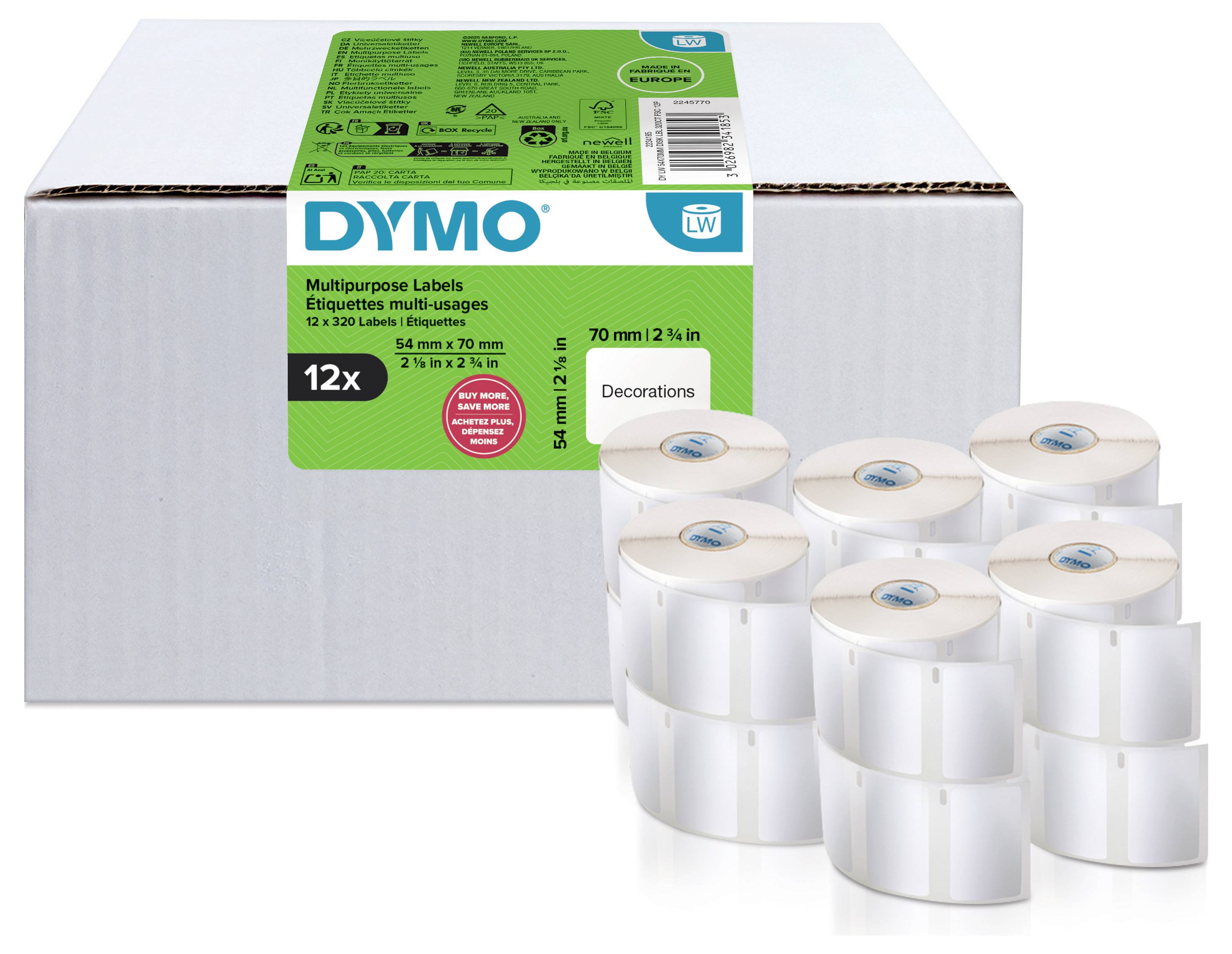 Schachtel mit DYMO-Mehrzwecketiketten mit sechs Rollen vorne; auf der Verpackung sind 12 Etikettenrollen und Größen für Dekorationen abgebildet.