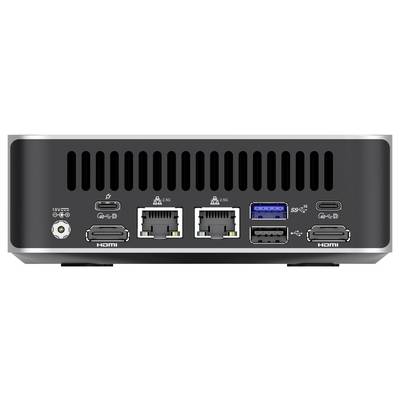 Rückansicht eines kleinen PCs mit Lüftungsöffnungen und Anschlüssen: DC-Stromversorgung, HDMI, doppeltes Ethernet, USB 3.0- und USB-Anschlüsse, mit Beschriftungen für vordere/hintere Stecker.