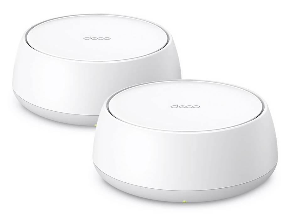 Zwei weiße TP-Link Deco Mesh-WLAN-Geräte auf weißem Hintergrund, dargestellt in einem produktstilisierten Bild.