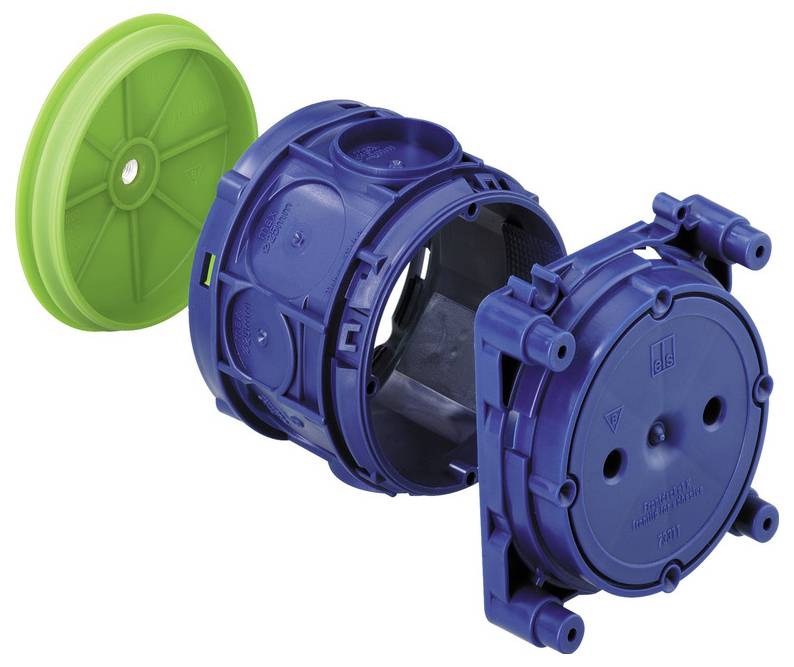 Blaue elektrische Verteilerdose mit grünem Schutzdeckel, in Explosionszeichnung dargestellt, um den Deckel, das Gehäuse und die vordere Montageplatte zu zeigen.