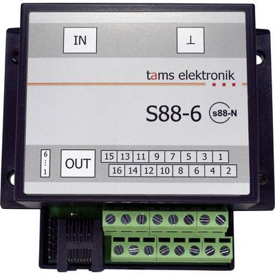 Tams Elektronik S88-6 S88-N Schnittstellenmodul mit IN- und OUT-Beschriftungen, nummerierten Klemmleisten und grünen Schraubklemmen auf der Unterseite.