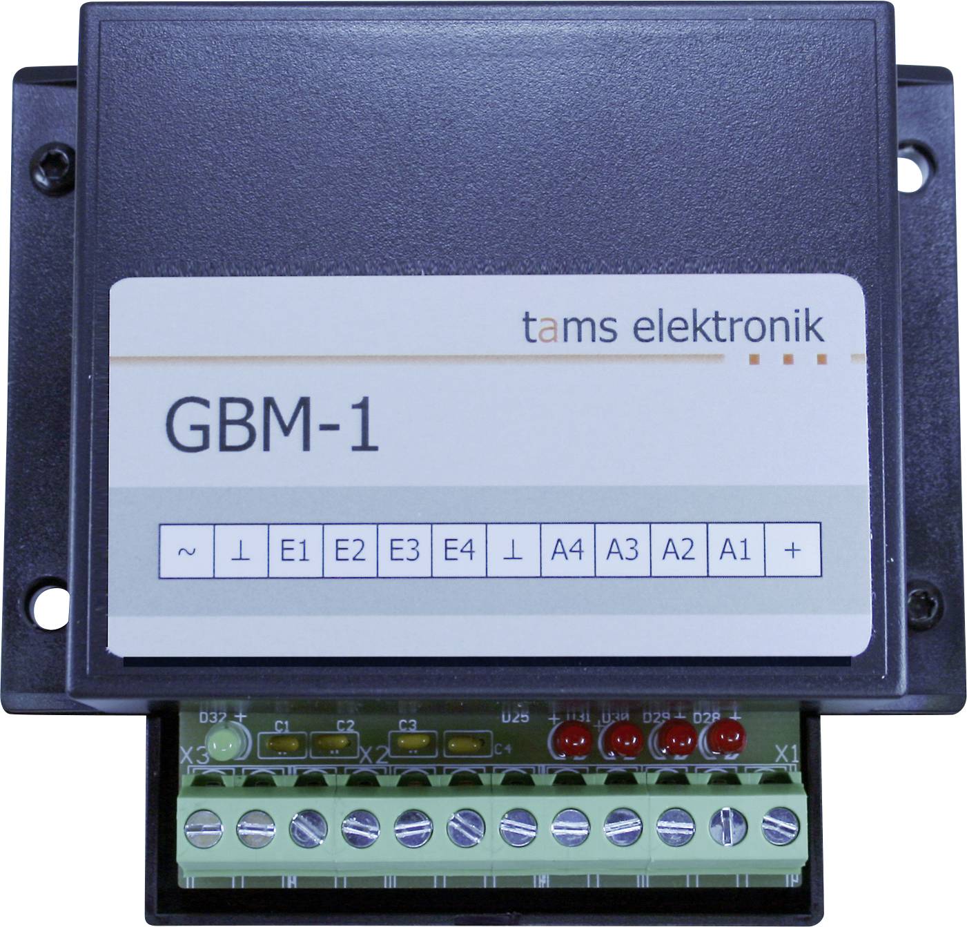 Nahaufnahme eines elektronischen Moduls Tams Elektronik GBM-1 mit Terminalschrauben und beschrifteten Anschlüssen auf der Frontplatte.