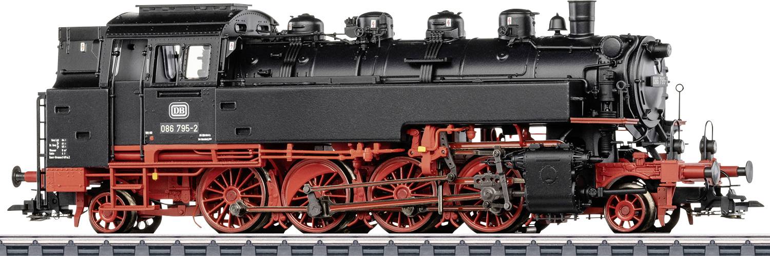 Seitenansicht eines schwarz-roten Dampflokomotivmodells auf einer Schiene, das detaillierte Räder, Rohre und Führerstand zeigt.