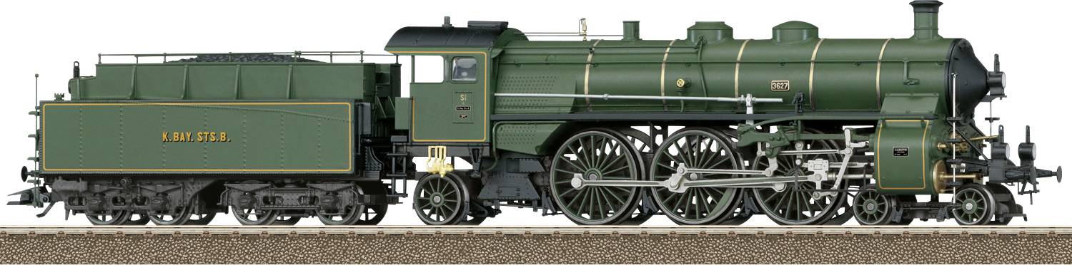 Seitenansicht einer dunkelgrünen Dampflokomotive mit passendem Tender, dargestellt auf weißem Hintergrund.