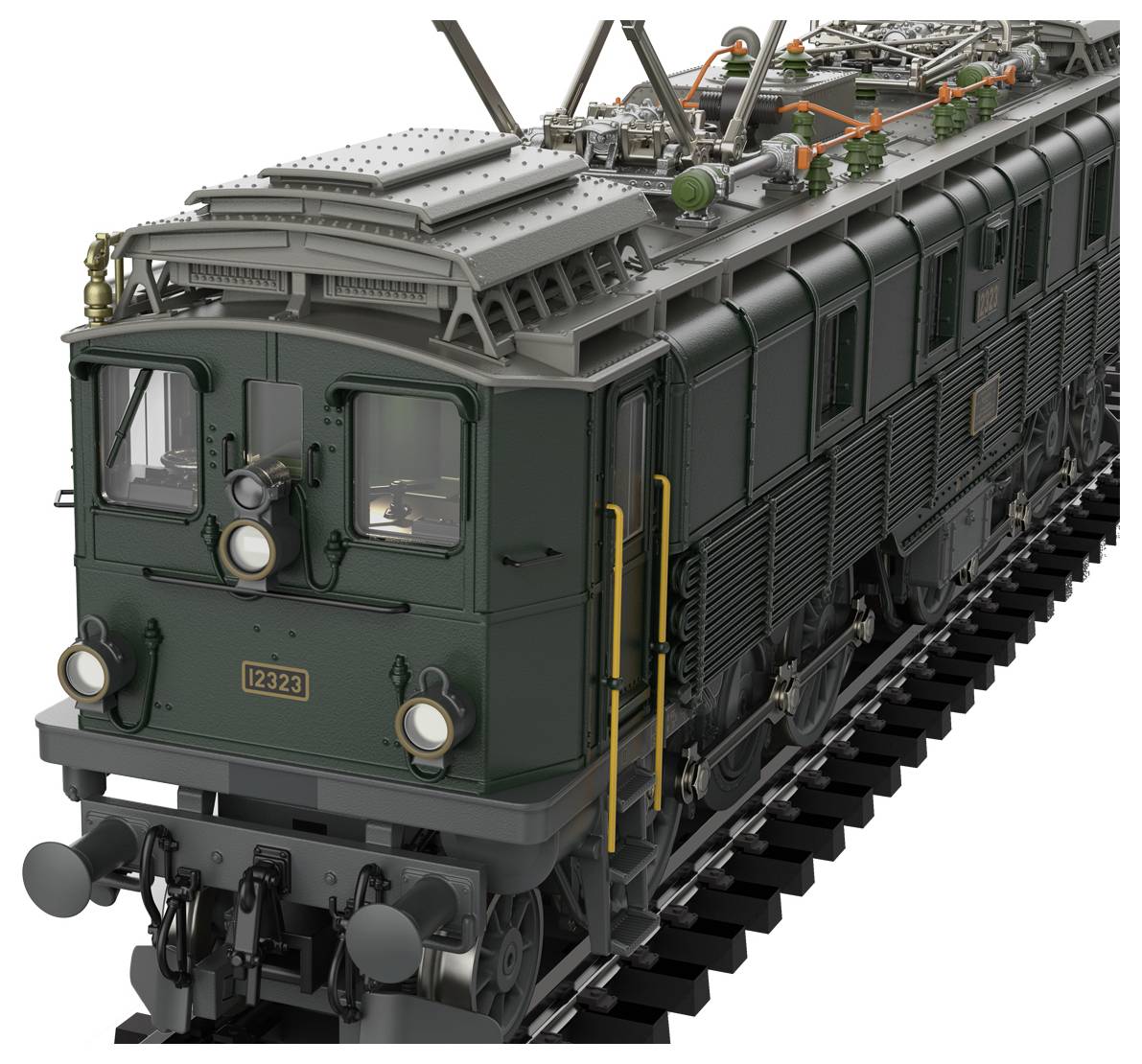 3D-Darstellung einer grünen elektrischen Lokomotive, von vorne-links gezeigt, mit Dachstromabnehmern und detailliertem Untergestell.