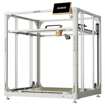 Ein großer weißer ELEGOO geschlossener 3D-Drucker mit würfelförmigem Rahmen, Touchscreen und Druckplattform im Inneren.