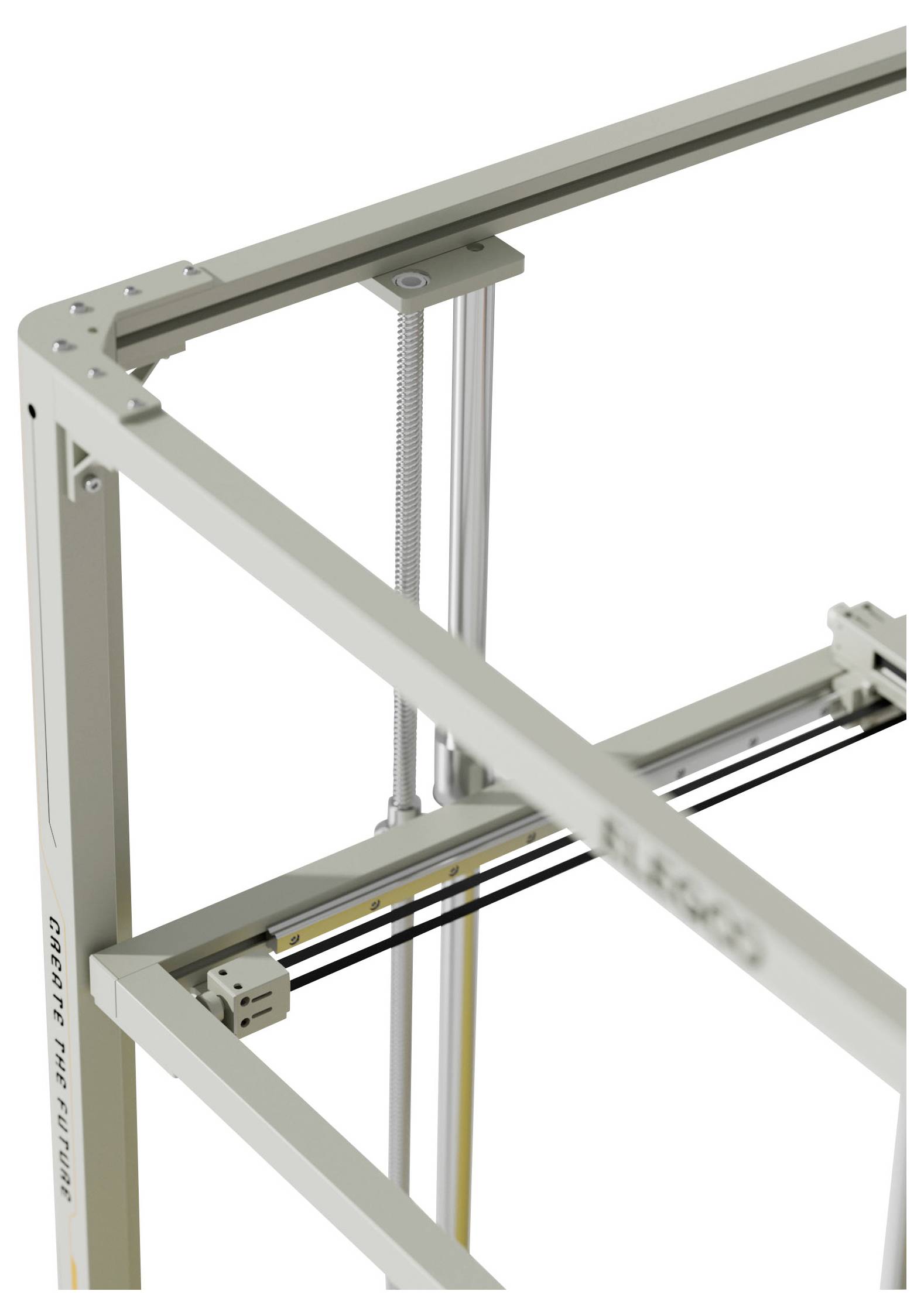3D-Darstellung eines Metallportalrahmens mit diagonaler Quervernetzung und linearen Führungsschienen, die eine Maschinenträgerstruktur zeigt.