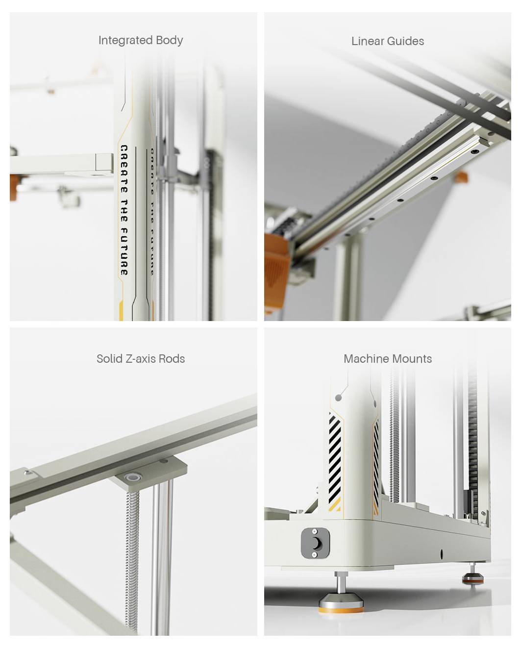 Vierpanel-Produktdiagramm mit 3D-Drucker-Komponenten: integriertes Gehäuse, Linearführungen, massive Z-Achsen-Stangen und Maschinenmontierungen.