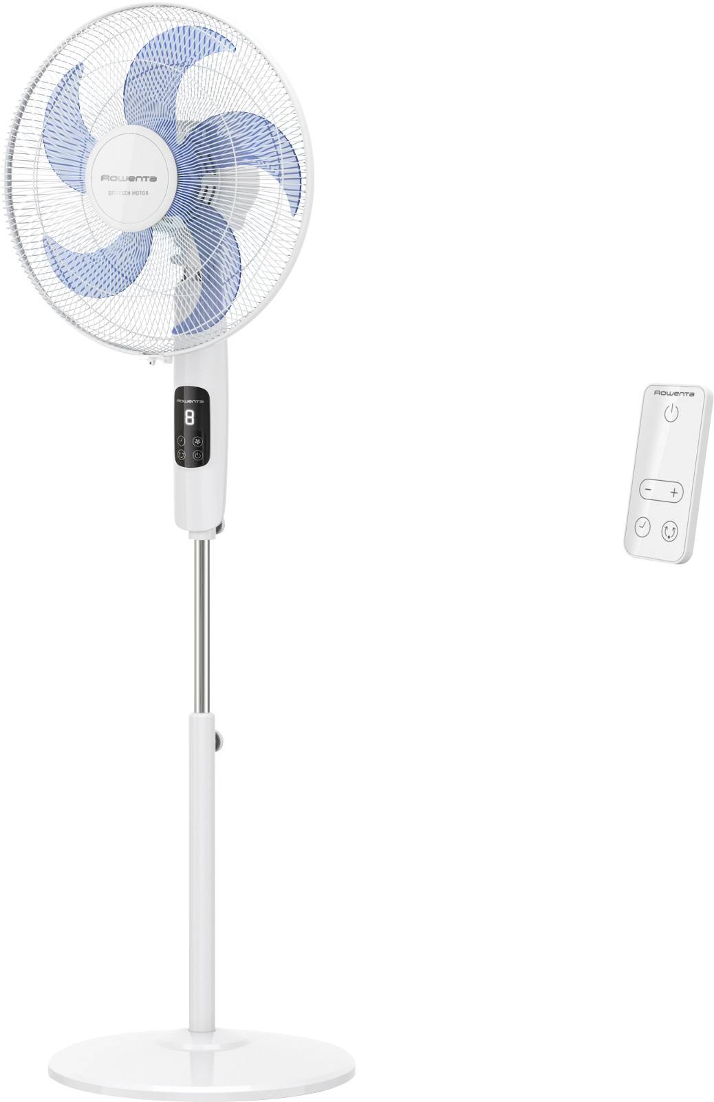 Weißer Standventilator mit blauen Blättern und Fernbedienung auf einfachem weißem Hintergrund.