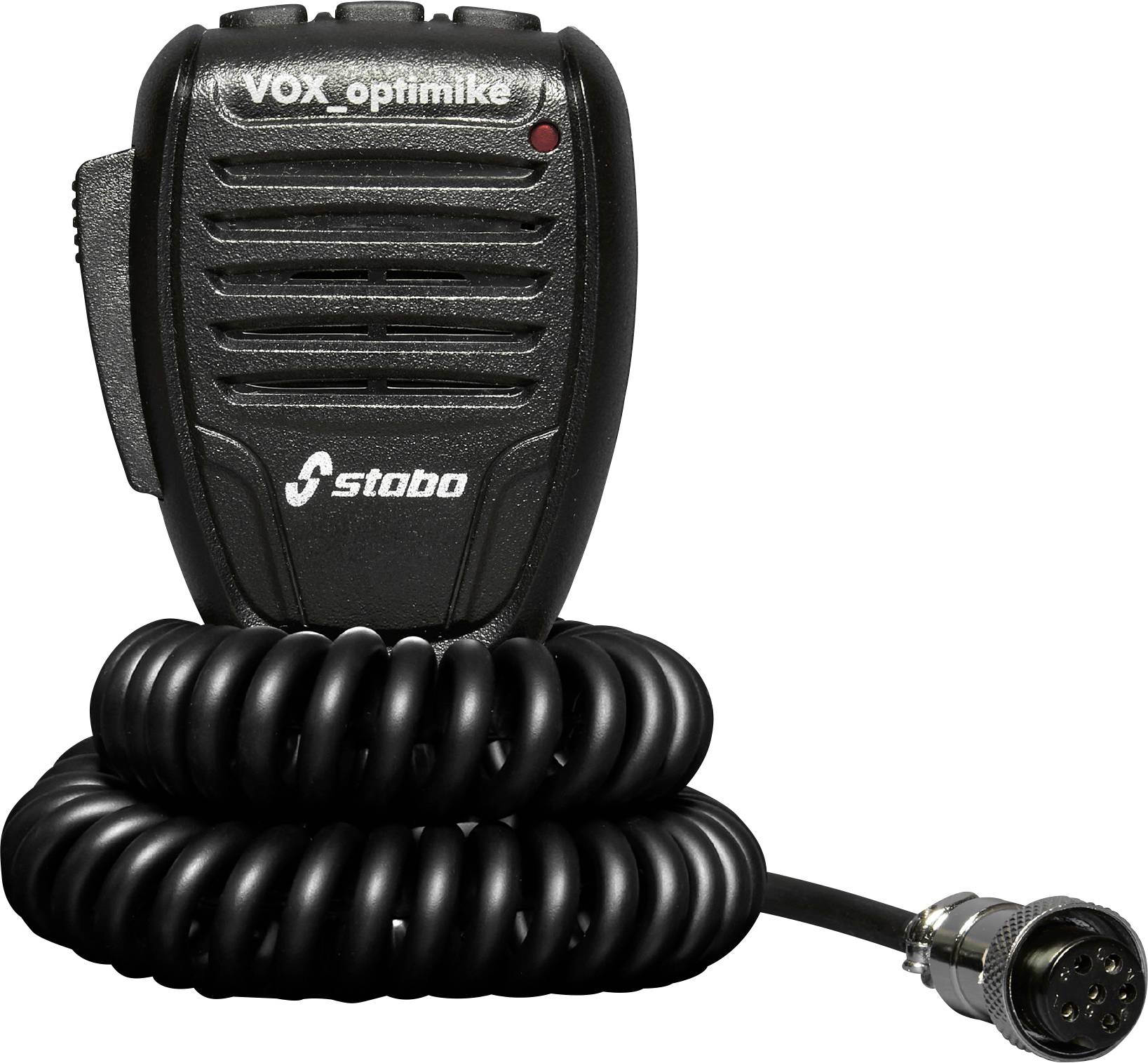 Schwarzes tragbares VOX Optimike Stabo Funk-Mikrofon mit Spiralkabel und Steckverbinder auf weißem Hintergrund