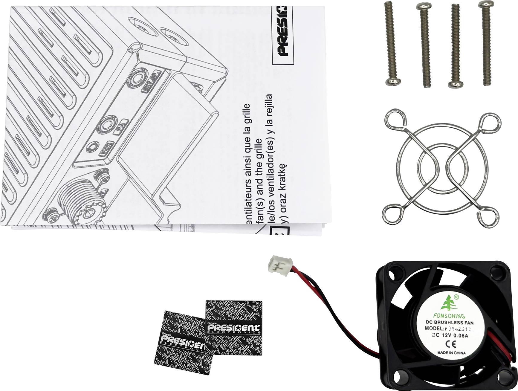 Assortiertes Lüftergitterkit-Zubehör: Anleitung, Schrauben, Drahtlüfterschutzgitter, kleine „PRESIDENT"-Aufkleber und ein DC-Kühlventilator mit Kabel.