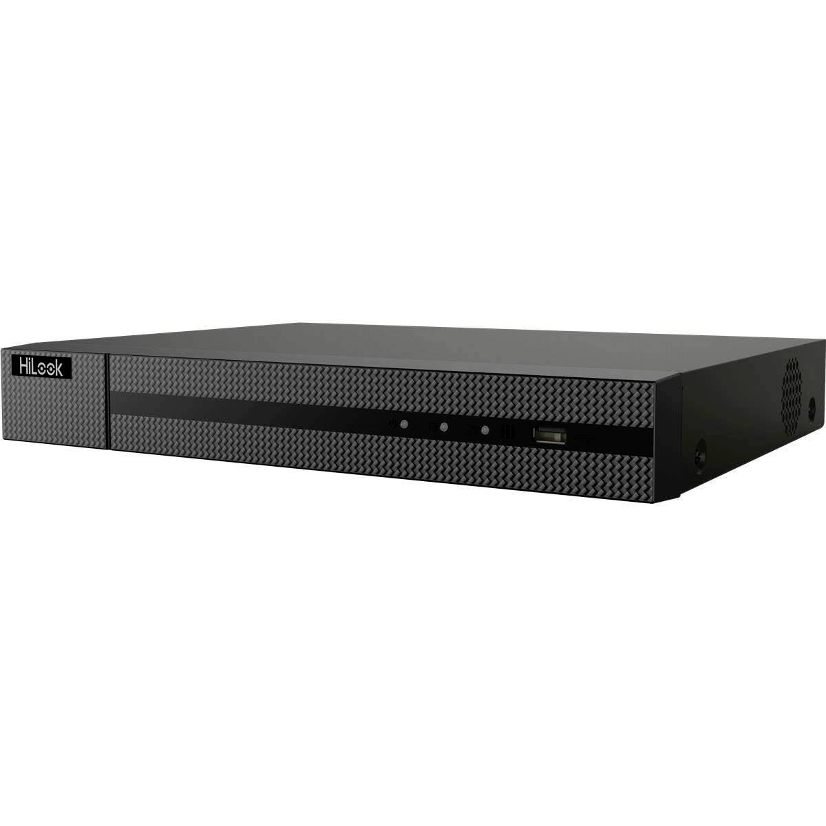 Schwarzer HiLook Sicherheits-DVR/NVR-Rekorder in Perspektivansicht auf weißem Hintergrund.