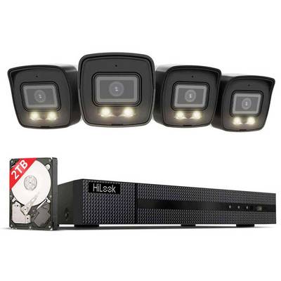 Überwachungssystem-Set mit vier Sicherheitskameras und einem Hilook-DVR, plus eine 2-TB-Festplatte für Videospeicherung.