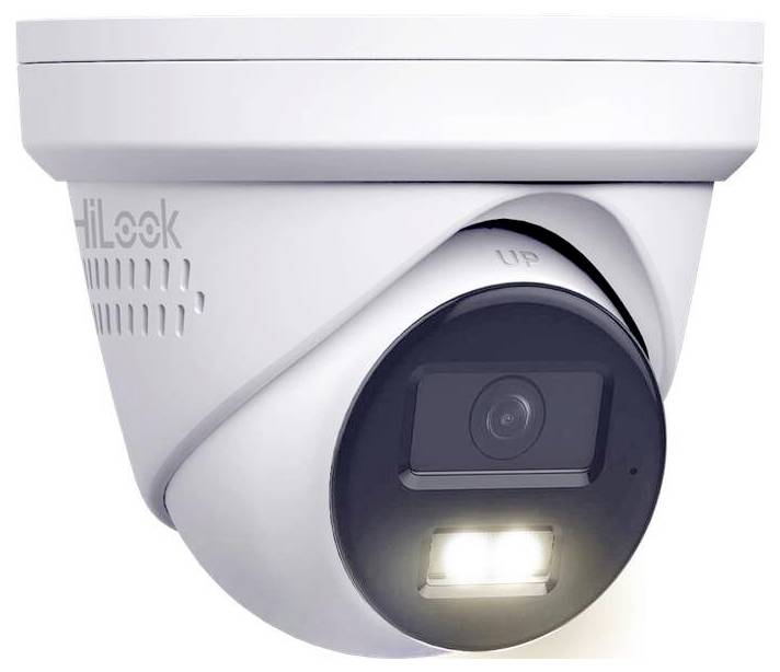 Weiße Hikvision-Sicherheitskamera mit kuppelförmigem Gehäuse, schwarzer Linsenhalterung und integriertem LED-Licht, dargestellt vor einfachem Hintergrund.