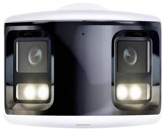 Frontansicht eines weißen Dual-Objektiv-Kamerageräts mit zwei rechteckigen Modulen und LED-Leuchten auf einer glänzenden schwarzen Oberfläche.