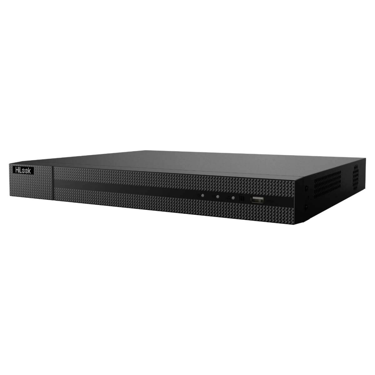 Schwarzes Hikvision HiLook Rack-Sicherheitsaufzeichnungsgerät mit belüftetem vorderen Bedienfeld und Statusleuchten, auf weißem Hintergrund dargestellt.
