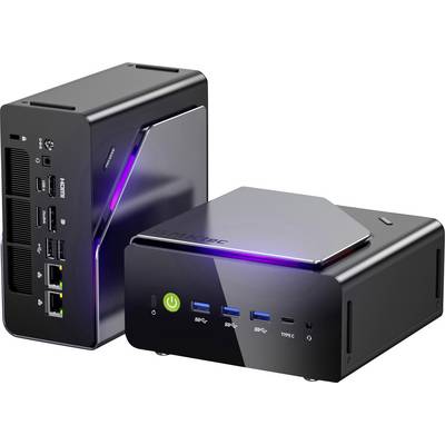 Zwei kompakte Mini-PCs mit schwarzen Gehäusen und RGB-beleuchteten Akzenten, von vorne und hinten gezeigt mit sichtbaren USB-, HDMI-, Ethernet- und Stromversorgungsanschlüssen.
