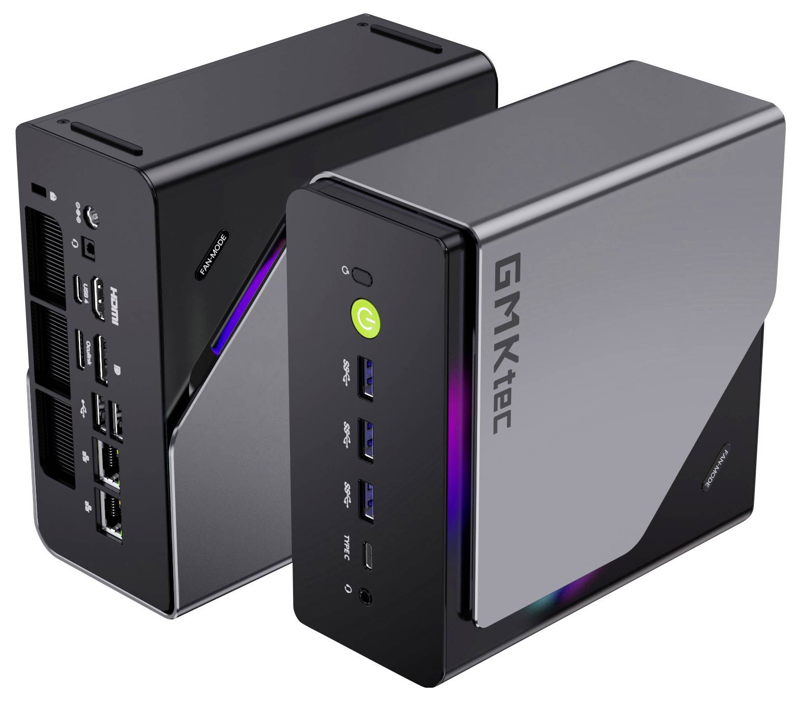 Zwei GMKtec Mini-PC-Desktopcomputer in Schwarz und Silber, mit vorderen USB-Anschlüssen und leuchtenden Netzschaltern, nebeneinander im Winkel angeordnet.