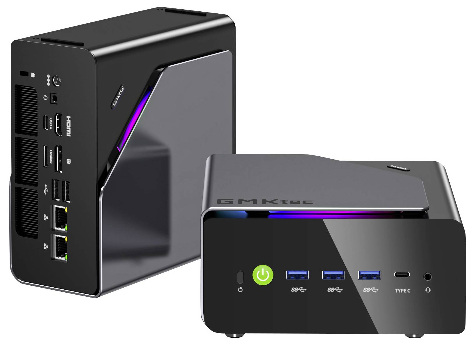 Zwei Ansichten eines kompakten schwarzen Mini-PCs mit RGB-Akzentbeleuchtung, vorderen Anschlüssen und Stromschalter, gezeigt auf weißem Hintergrund.