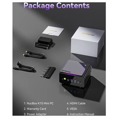 Paketinhalt-Bild zeigt einen GMKtec NucBox K15 Mini-PC, Garantiekarte, Netzteil, HDMI-Kabel, VESA-Halterung und Bedienungsanleitung neben der Produktbox.