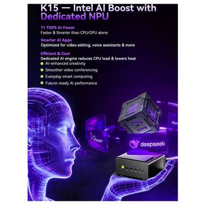 Werbegrafik für „K15 — Intel AI Boost mit dedizierter NPU", die 11 TOPS AI-Leistung, intelligentere KI-Apps und effiziente KI-Funktionen wie Videobearbeitung und Konferenzen hervorhebt.
