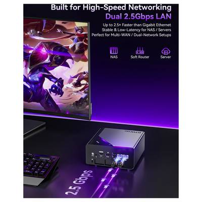 Werbebild eines GMKtec Mini-PCs, das „WiFi 6E & Bluetooth 5.2" mit „Schnellere Geschwindigkeiten & Niedrigere Latenz Sauberes 6-GHz-Band" bewirbt und eine Funktionsliste für stabile Verbindungen, Cloud-Backup, Smart Home und Peripheriegeräte enthält.