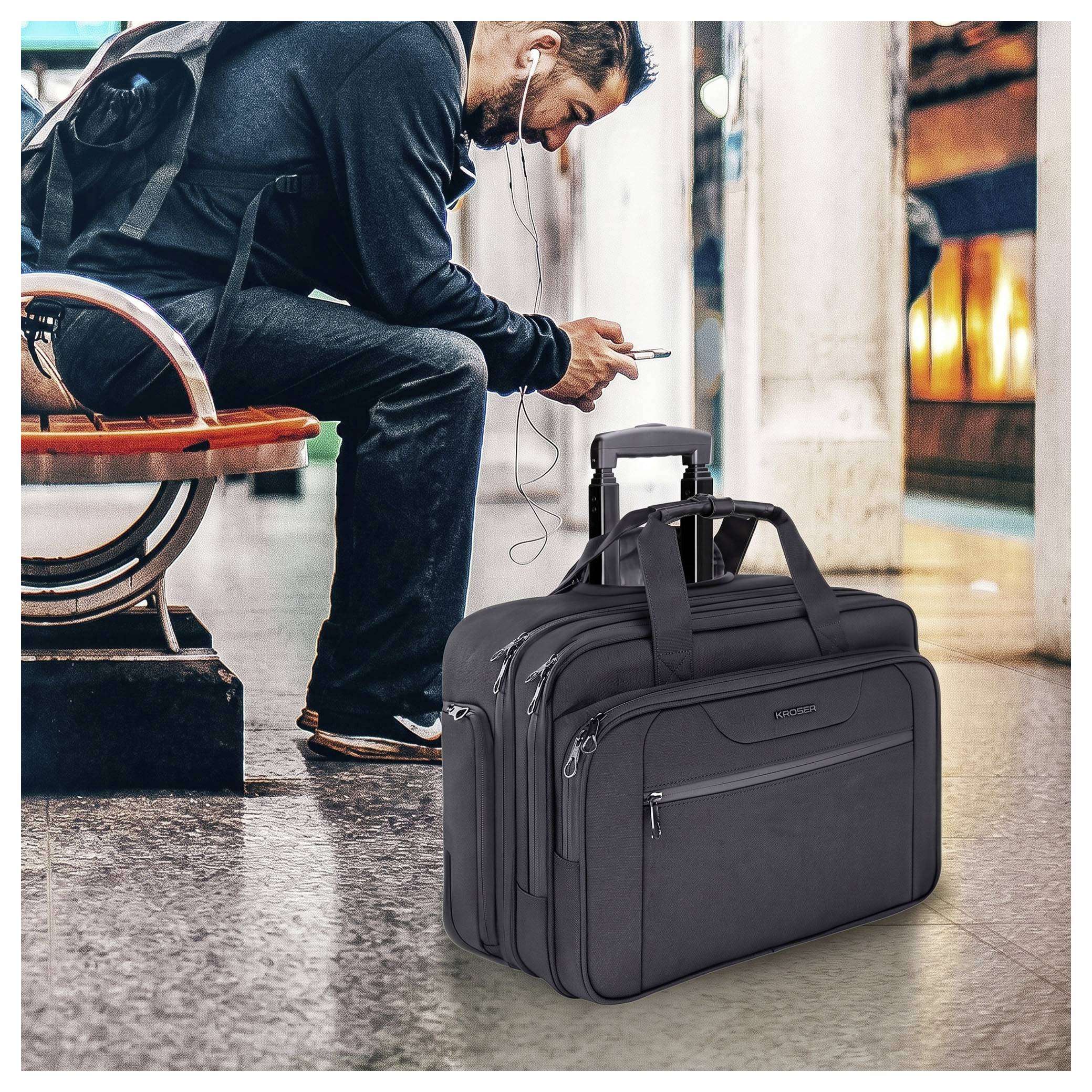 KROSER Notebook Trolley Laptop Handgepäck Koffer, Rolling Case mit Rädern Bis zu 17,3 Zoll Schwarz-5