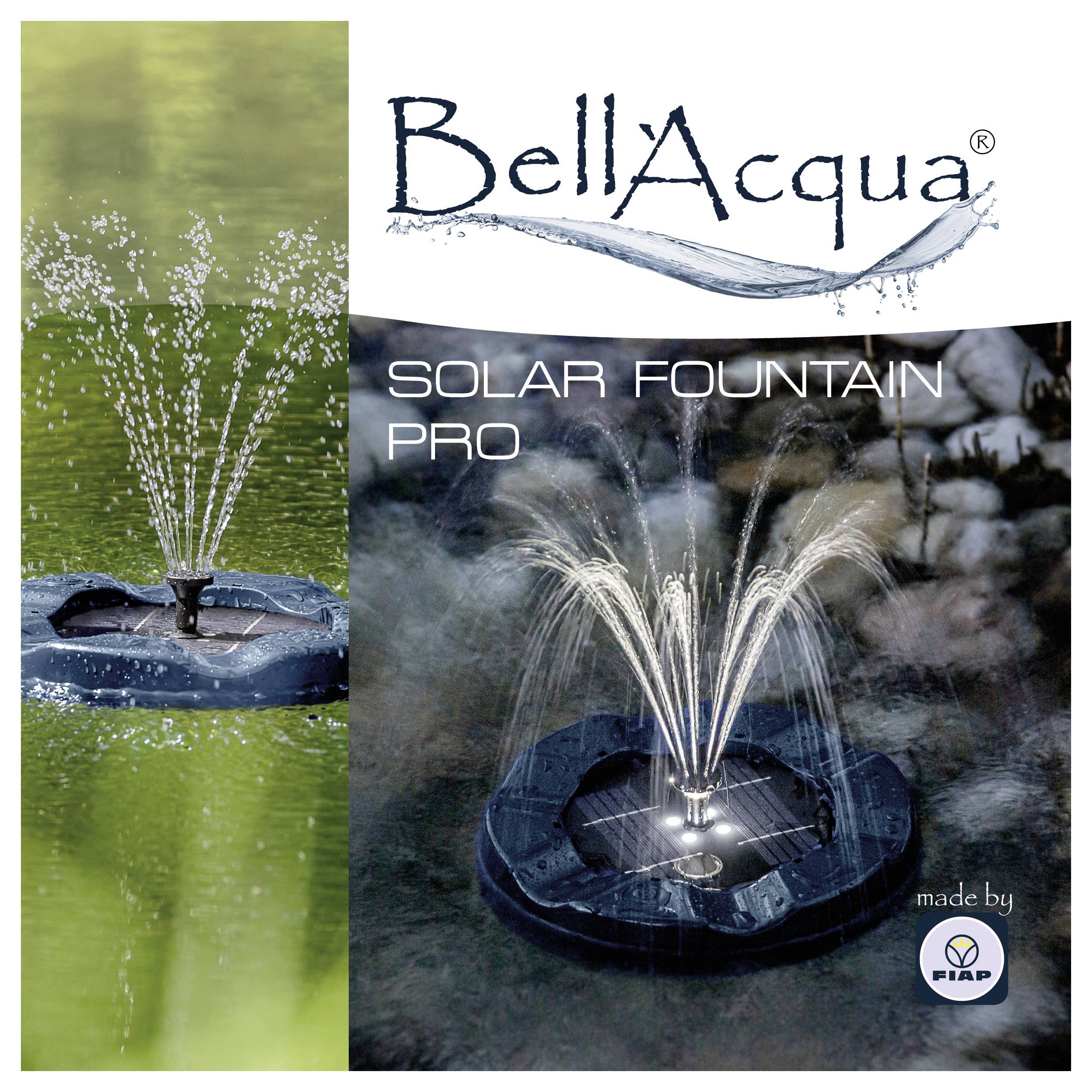 BellaAcqua Solar Fountain Pro Produktbild mit einer schwimmenden solarbetriebenen Fontäne, die Wasser sprüht, mit Markenlogo und „hergestellt von FAP" Abzeichen.