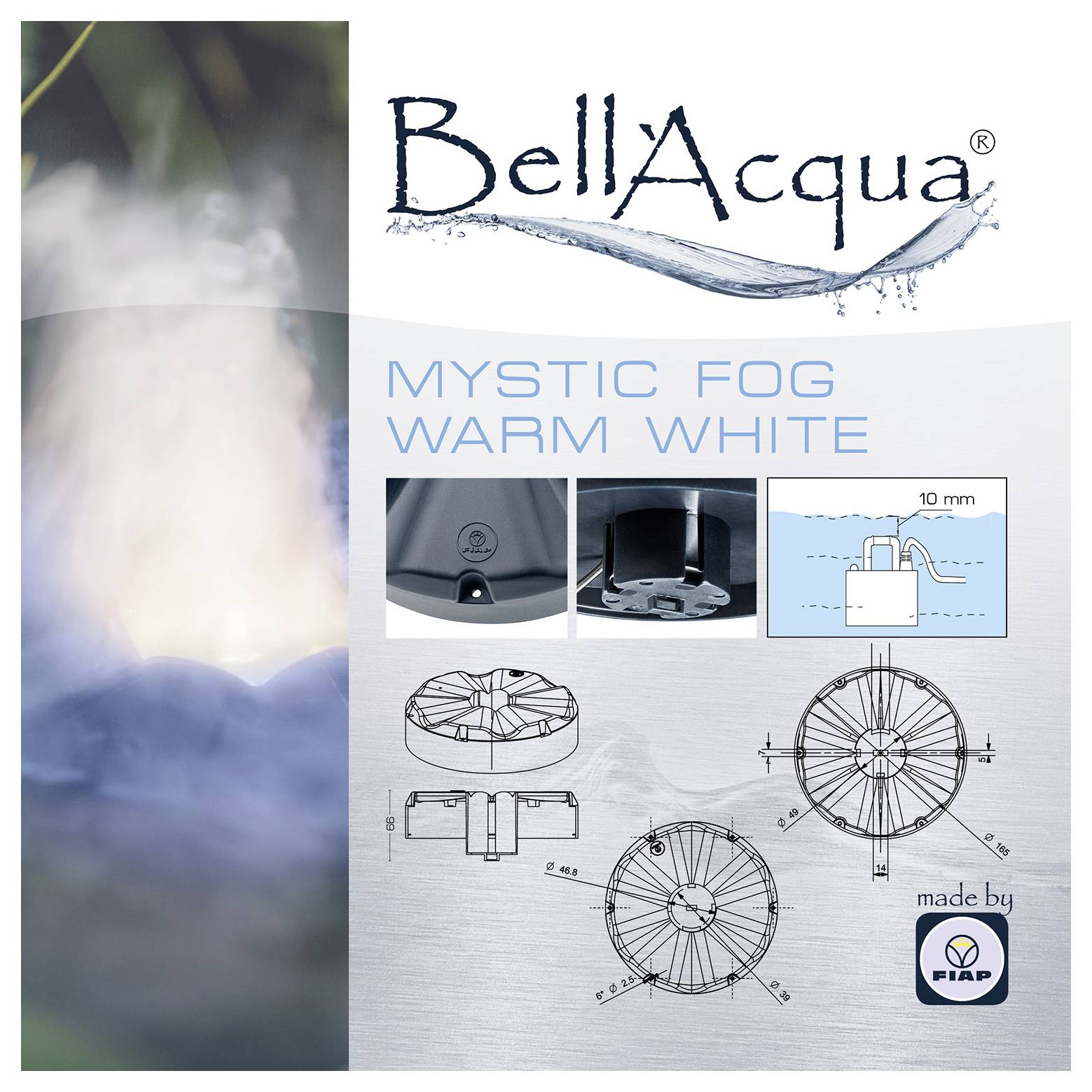 Produktbroschüre für BellAcqua 'Mystic Fog Warm White' mit mystischem Fontänennebeleffekt, Komponentenfotos, technischen Diagrammen und dem Logo 'hergestellt von FIAP'.