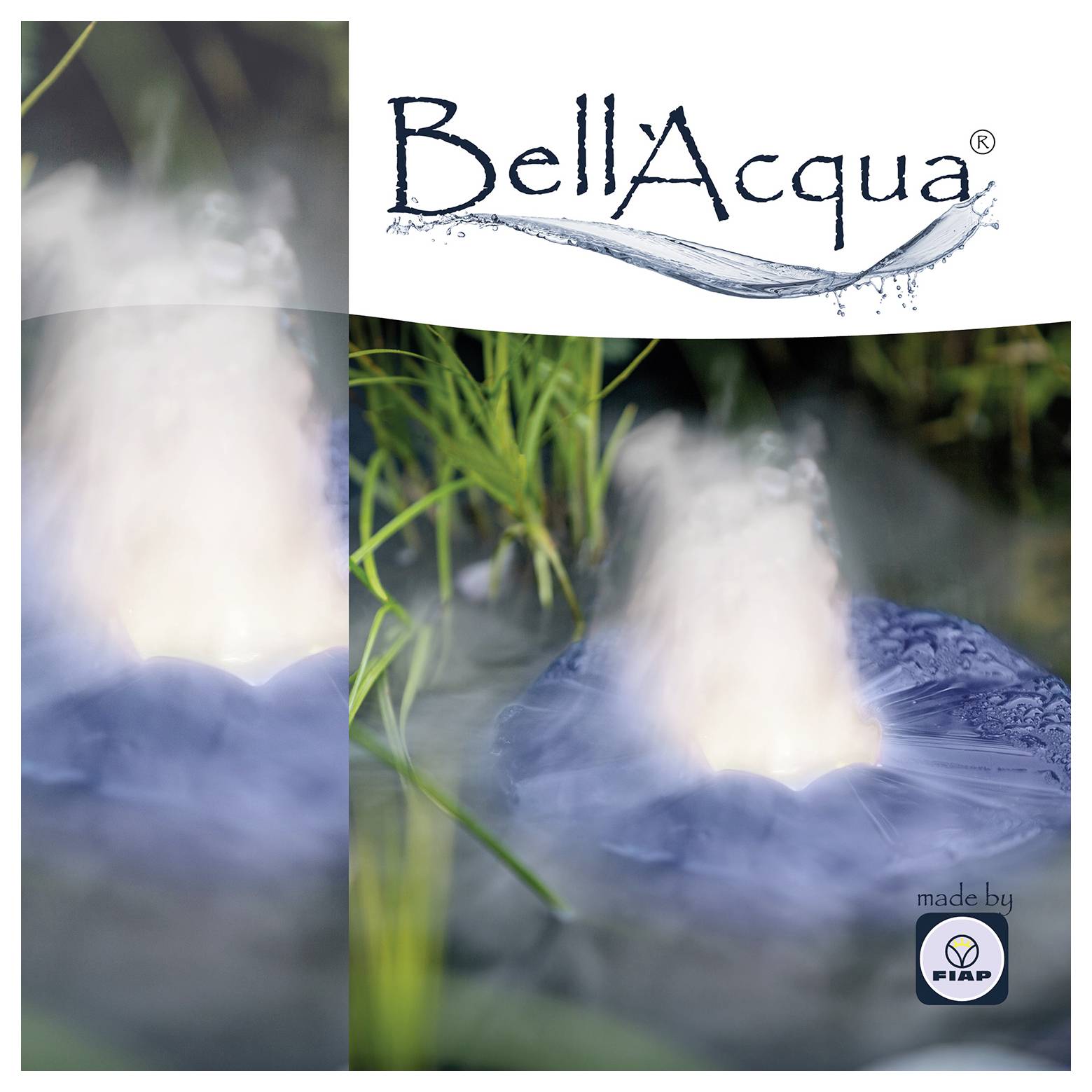 BellaAcqua-Logo über einem Foto eines blauen Teichs mit einer Springbrunnen-Fontäne, die Wasser zwischen Schilf sprüht, mit einem kleinen „made by FIAP"-Abzeichen in der Ecke.