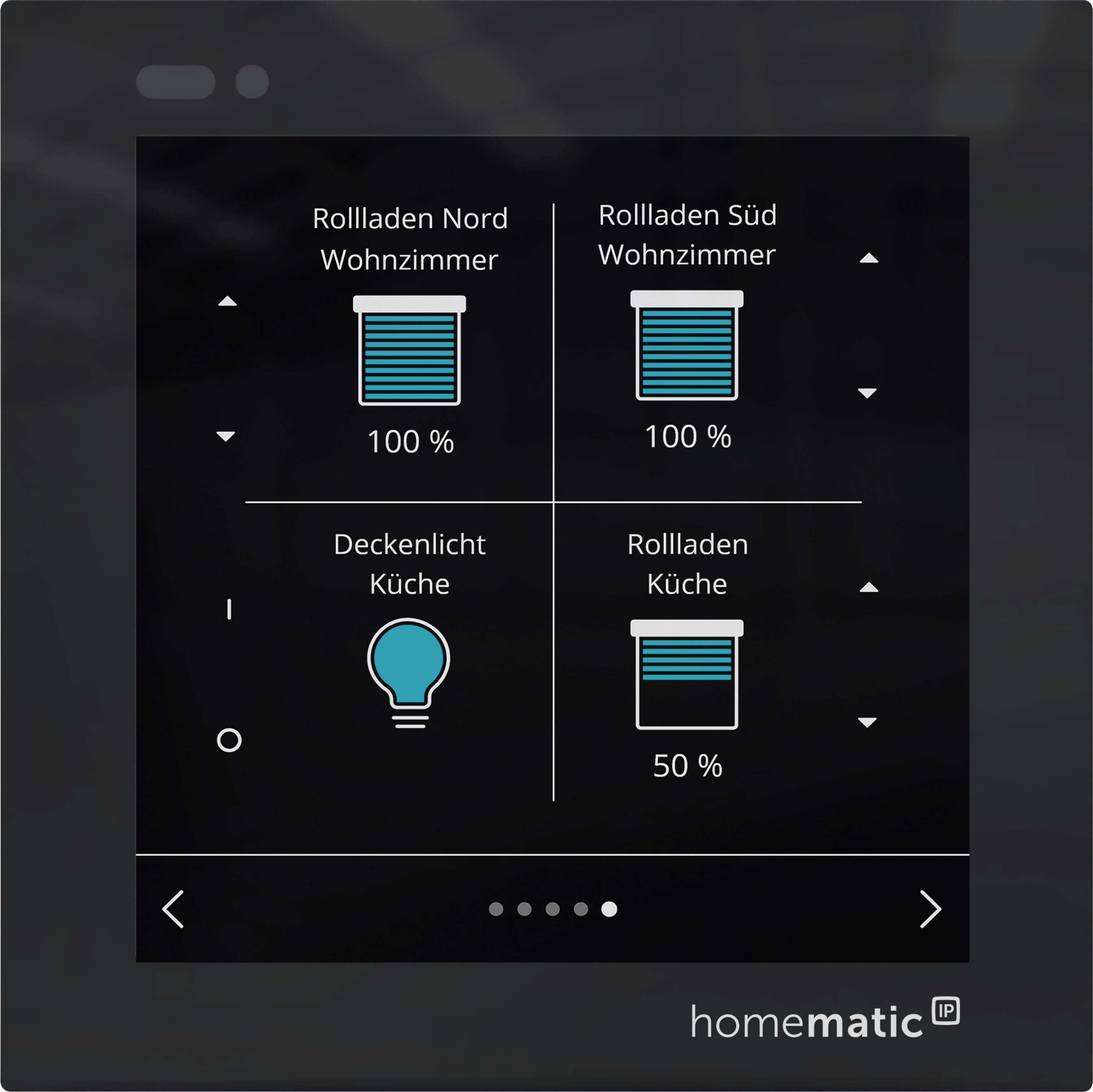 Homematic Smart-Home-Steuerbildschirm mit vier Geräten: Wohnzimmer Nord-Rollladen 100%, Wohnzimmer Süd-Rollladen 100%, Küchendeckenleuchte und Küchenrollladen 50%, mit Hoch- und Runter-Steuertasten.