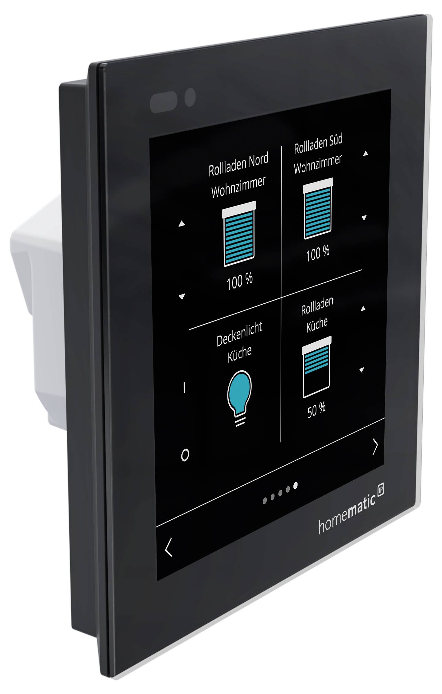 Wandmontiertes Homematic-Touchscreen mit Haussteuerung für zwei Rollladen, Deckenleuchte und Küchenfenster mit Prozentanzeigen.